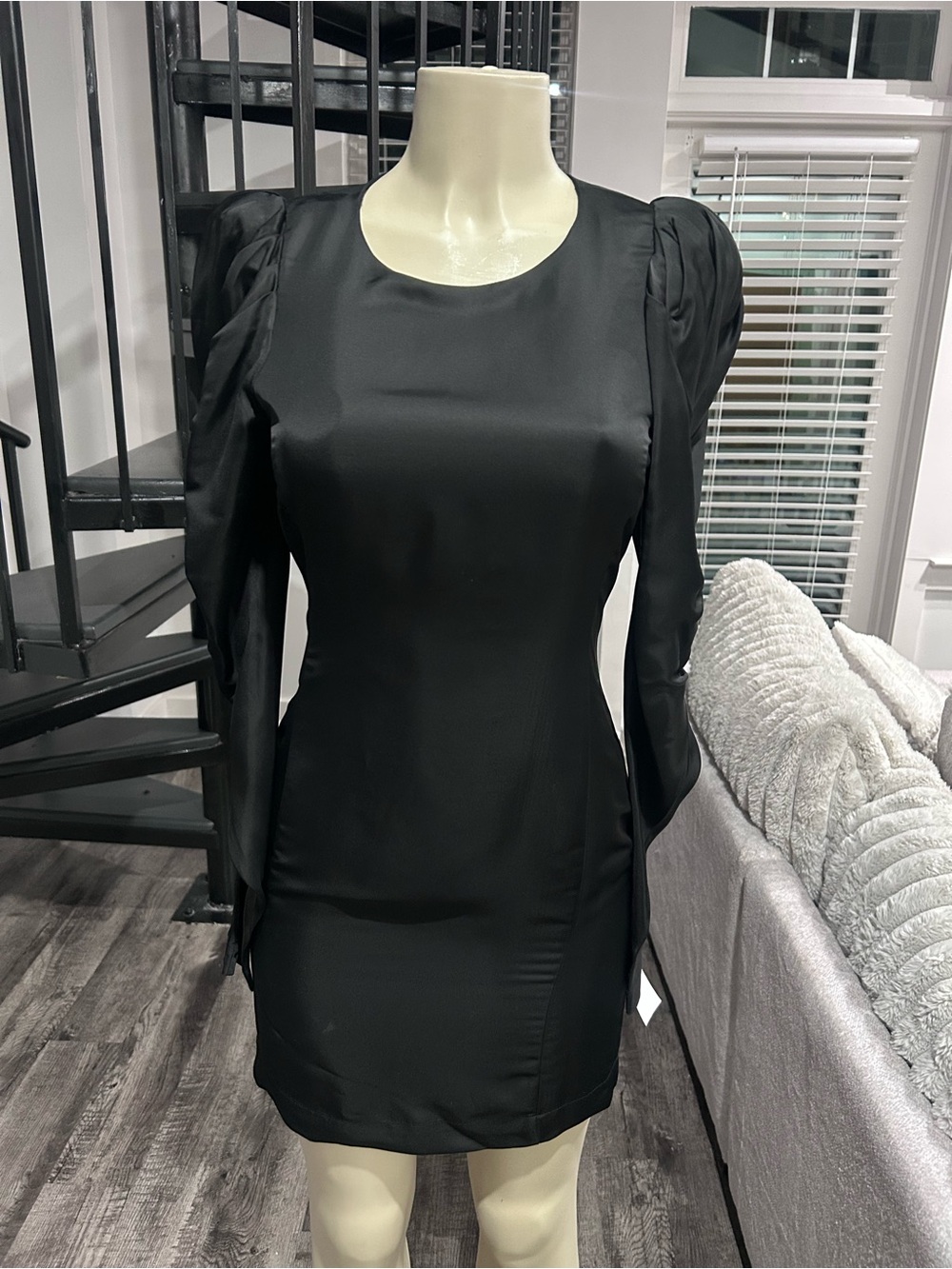 Elegant Black Puff-Sleeve Satin Mini Dress